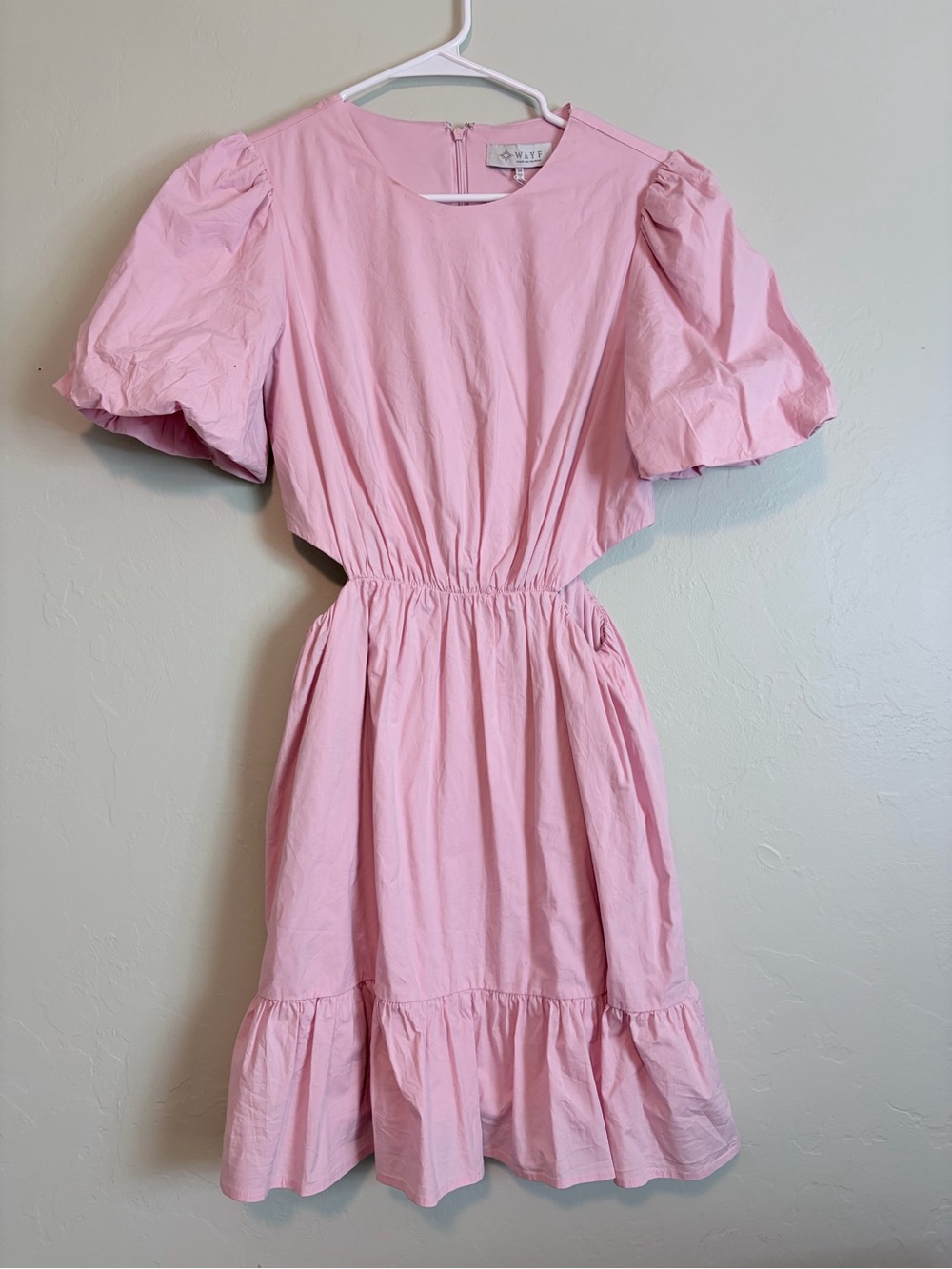 Wayf Light Pink Puff-Sleeve Tiered Mini Dress